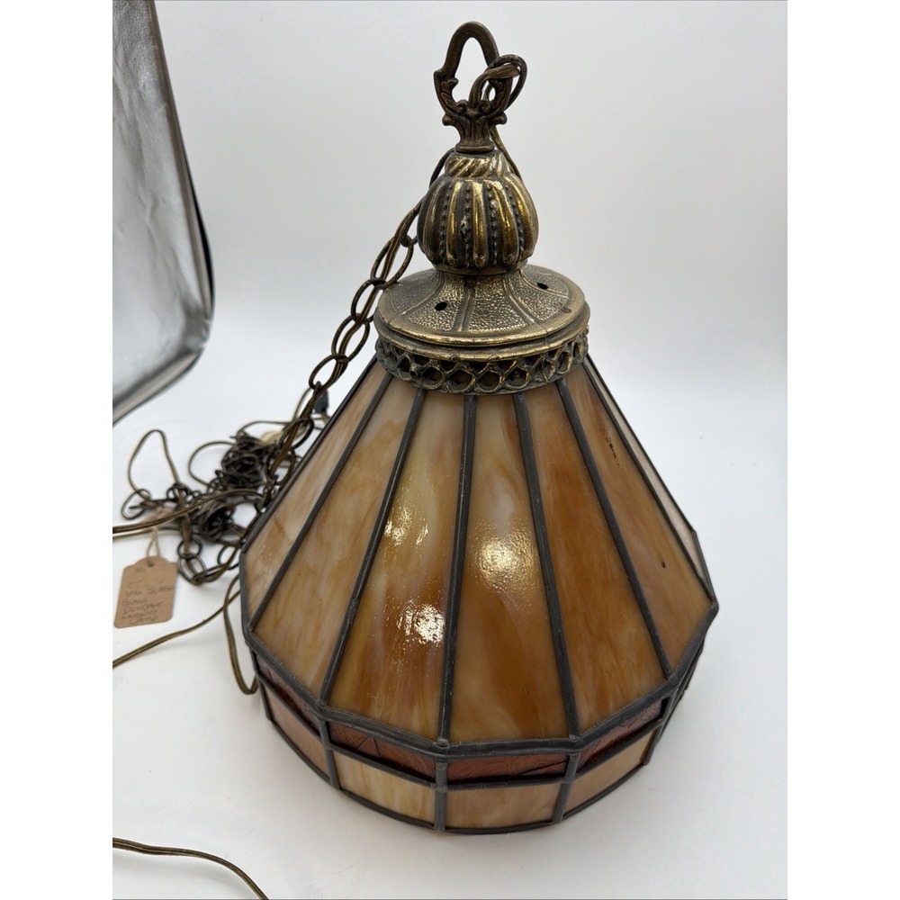 vintage amber and caramel slag glass hanging pendant lamp
